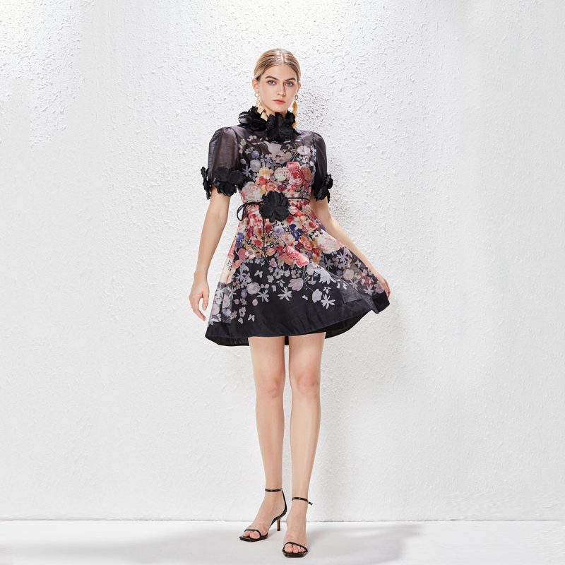 Vacation-Ready 3D Flower Lace-Up Short Dress - Image 4