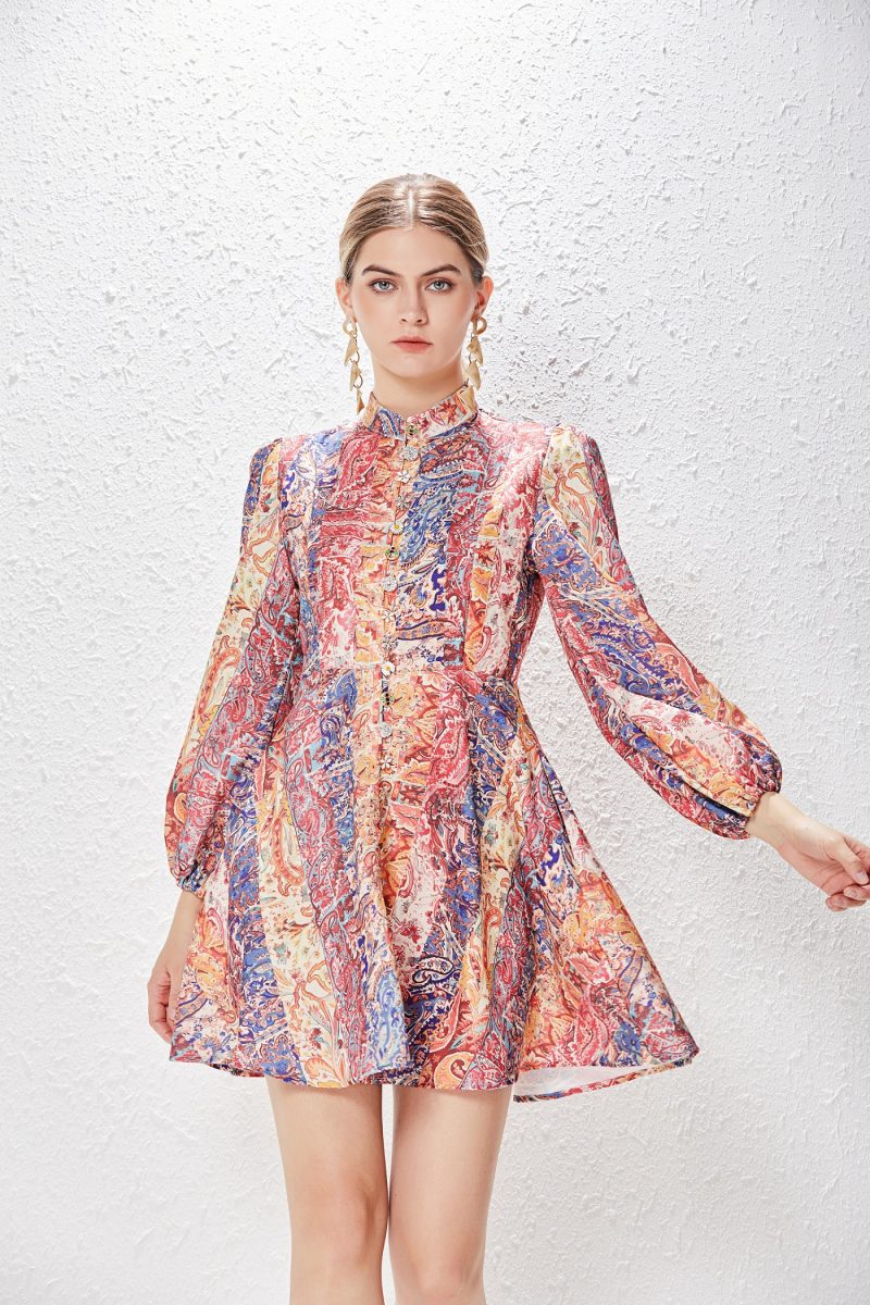 Vintage Printed A-Line Dress with Lantern Sleeves - Image 7