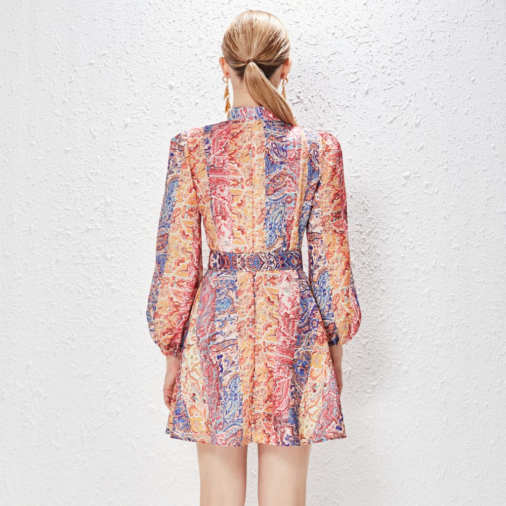 Vintage Printed A-Line Dress with Lantern Sleeves - Image 8