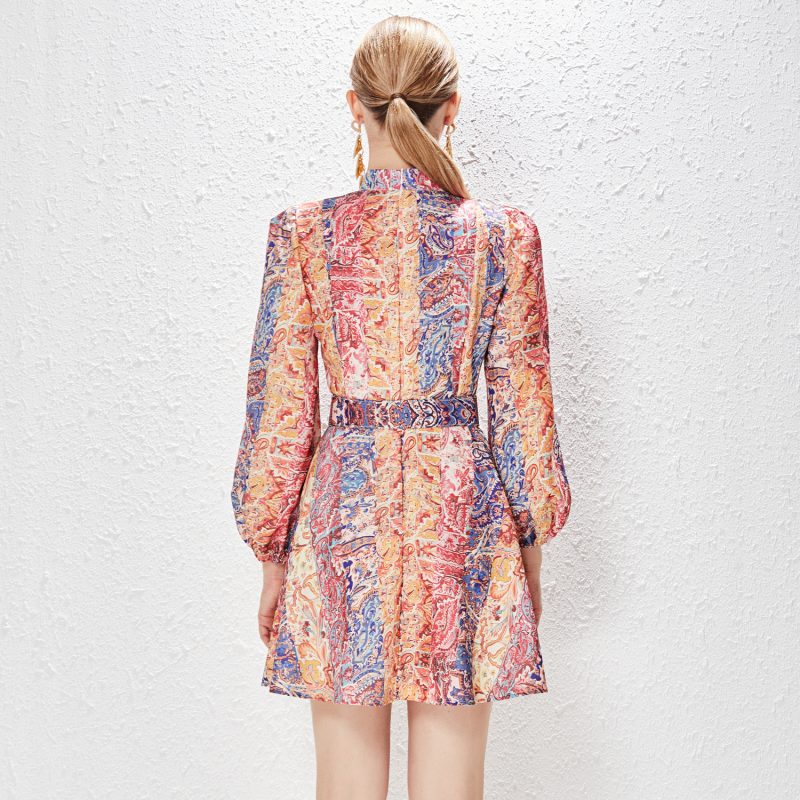 Vintage Printed A-Line Dress with Lantern Sleeves - Image 8