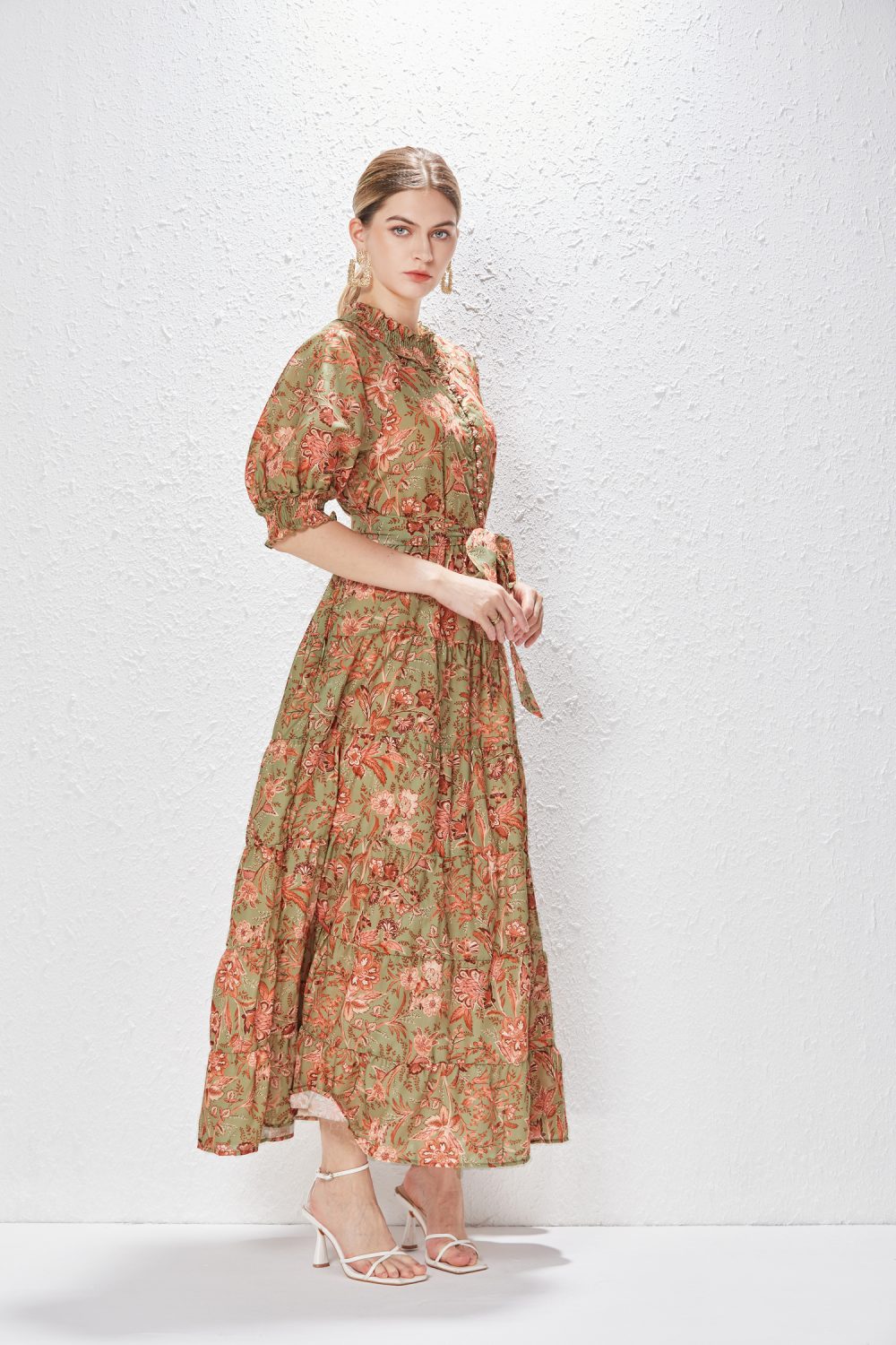 Bubble Sleeve Single-Breasted Vacation Dress - Image 2