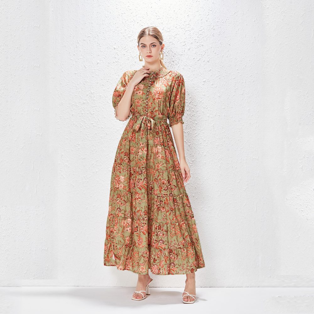 Bubble Sleeve Single-Breasted Vacation Dress - Image 3