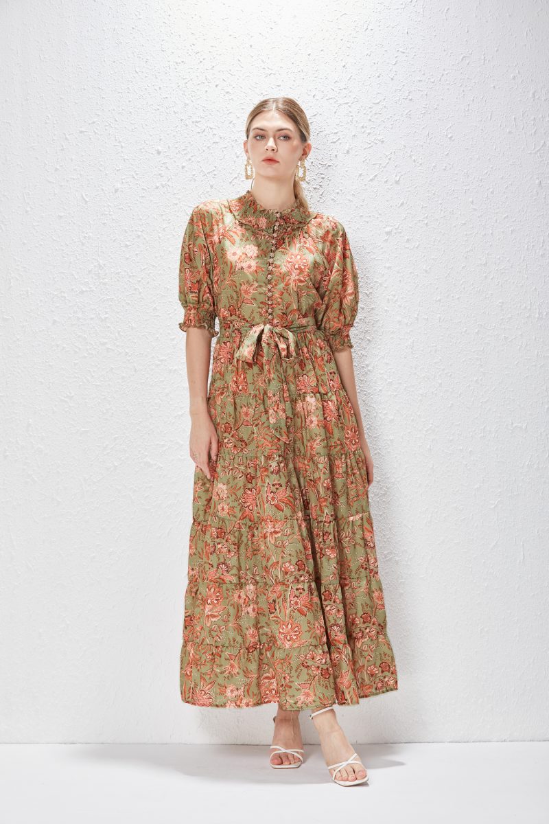 Bubble Sleeve Single-Breasted Vacation Dress - Image 4