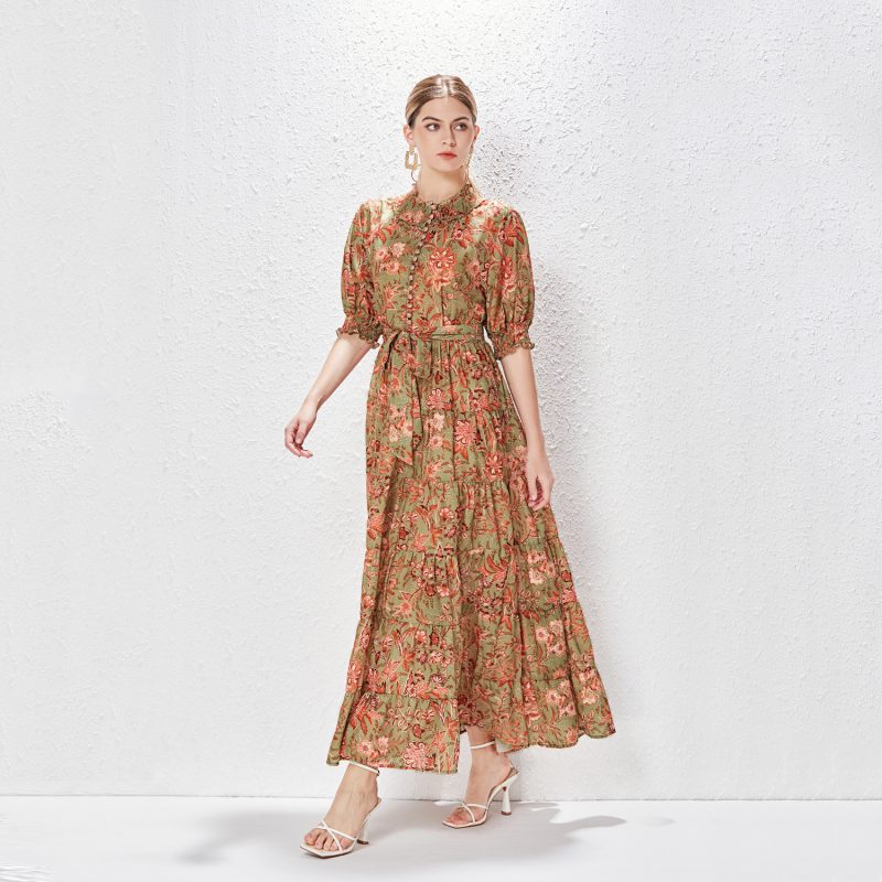 Bubble Sleeve Single-Breasted Vacation Dress - Image 5