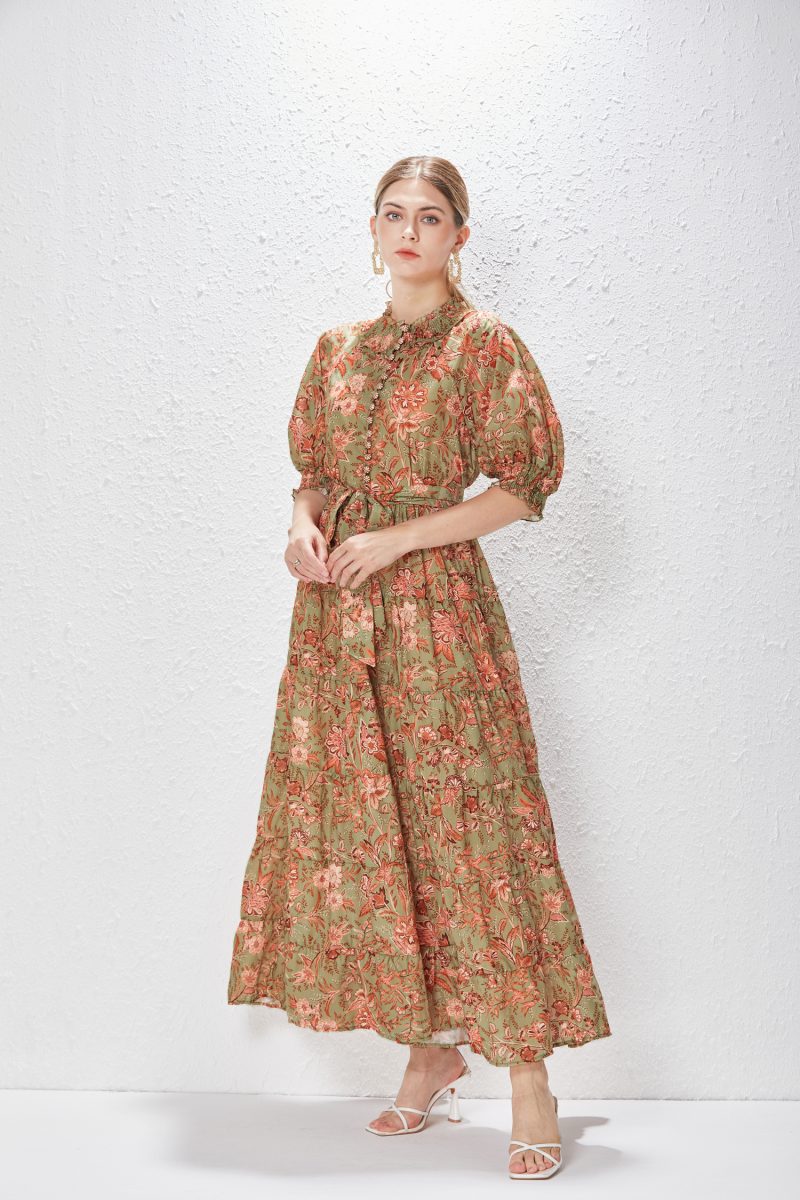 Bubble Sleeve Single-Breasted Vacation Dress - Image 6