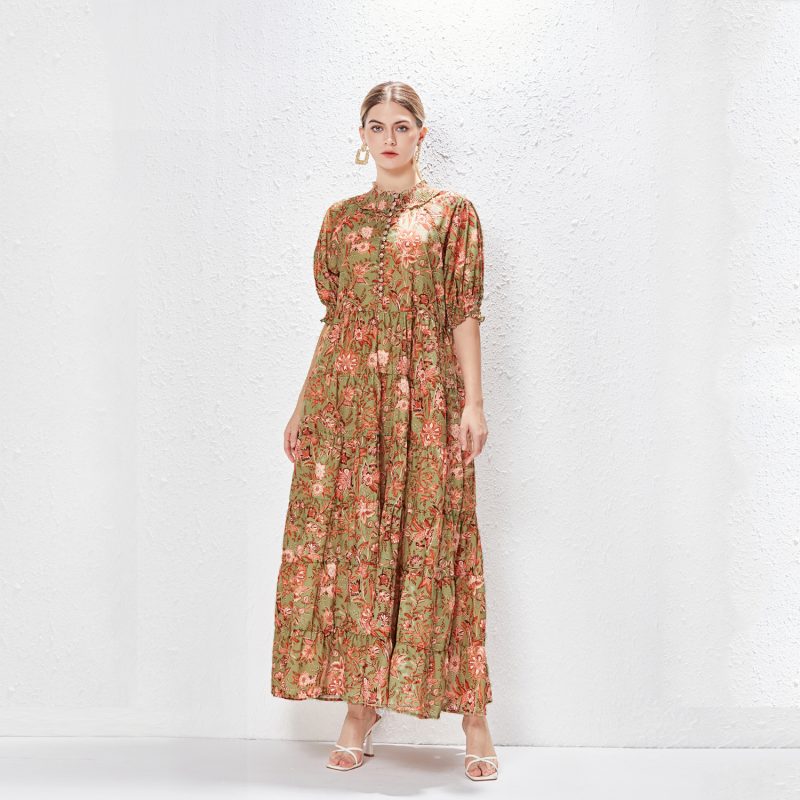 Bubble Sleeve Single-Breasted Vacation Dress - Image 7