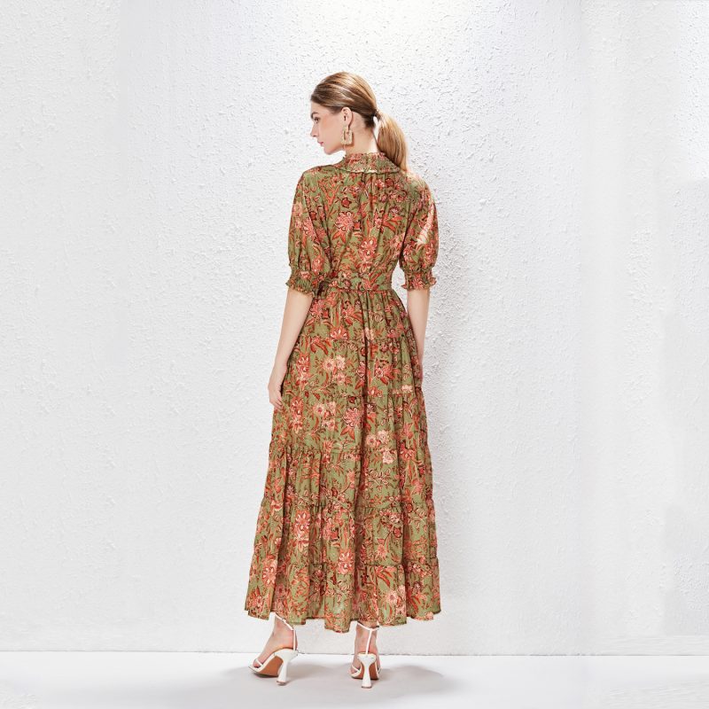 Bubble Sleeve Single-Breasted Vacation Dress - Image 8
