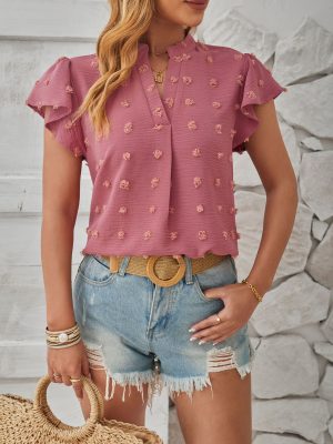 V-neck Short Sleeve Chiffon Office Shirt with Big Fur Ball