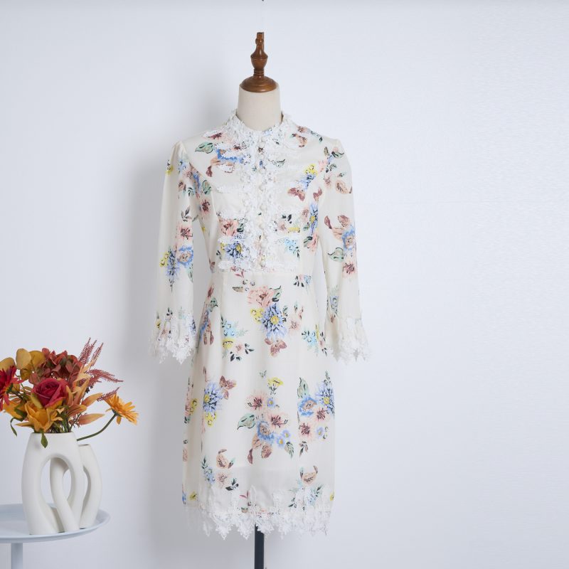 Lace Stitching Stand Collar Printed Dress - Image 3
