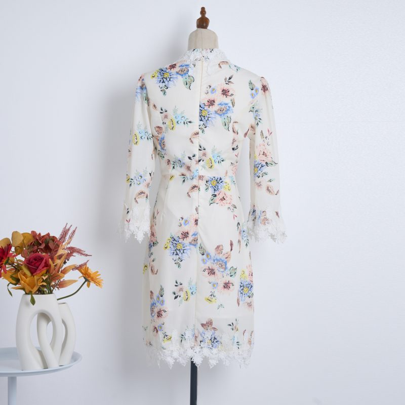 Lace Stitching Stand Collar Printed Dress - Image 4
