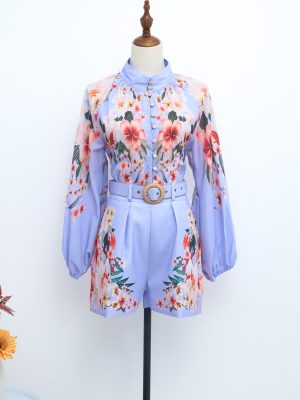 Blue Positioning Printed Collar Shirt Shorts Set