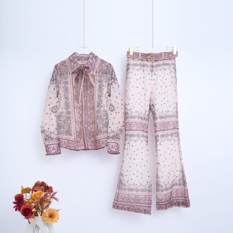 Lace-Up Bow Shirt & Positioning Print Trousers Set - Image 3