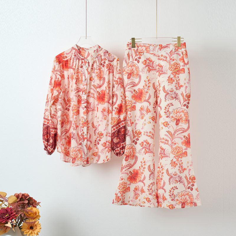 Lace-Up Bow Shirt & Positioning Print Trousers Set - Image 3