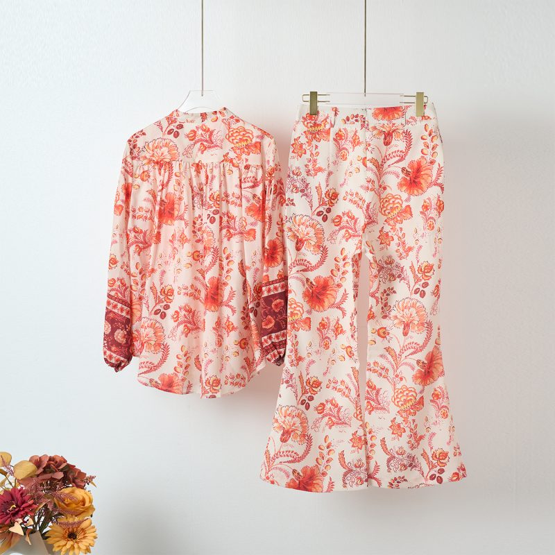 Lace-Up Bow Shirt & Positioning Print Trousers Set - Image 4