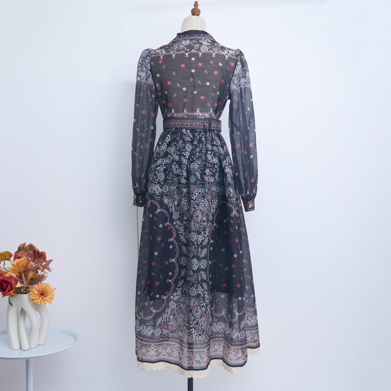 Spring Summer Single Breasted Lace Dress Dress With Belt - Image 2