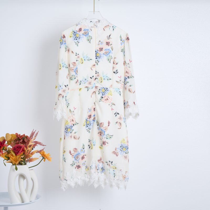 Lace Single Breasted Stand Collar Flared Sleeve Printed Dress Short - Image 2