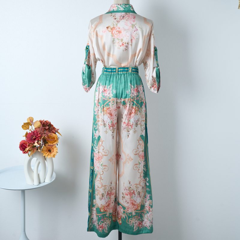 Green Vintage Print Shirt And Trousers Set Two Piece Set For Women - Image 2