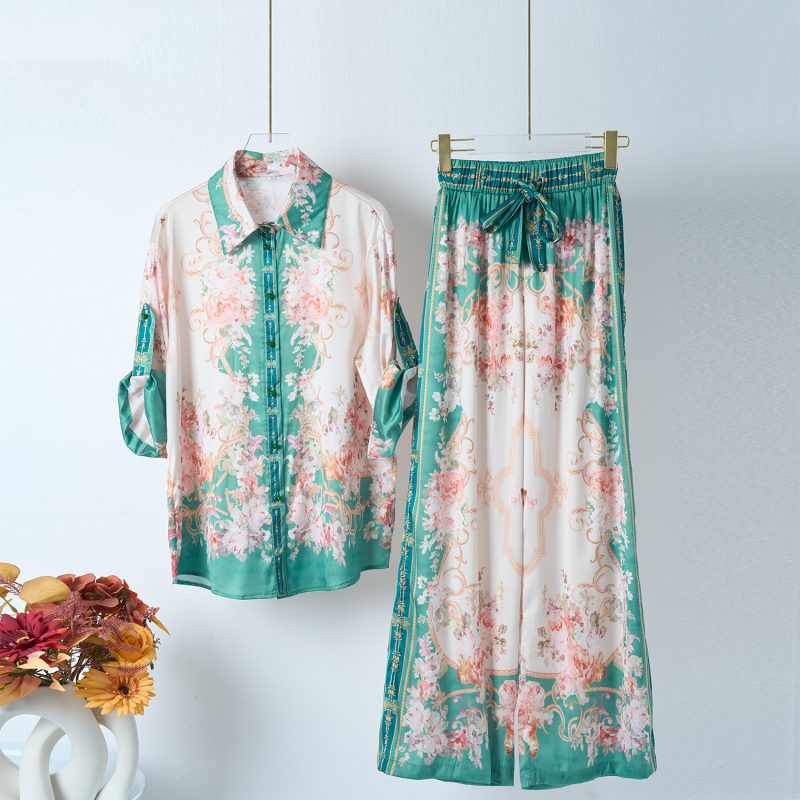 Green Vintage Print Shirt And Trousers Set Two Piece Set For Women - Image 3