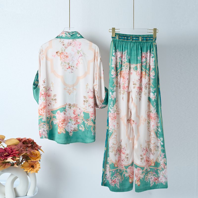 Green Vintage Print Shirt And Trousers Set Two Piece Set For Women - Image 4