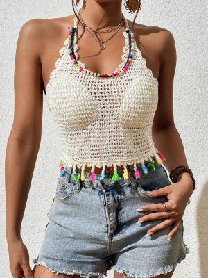 Summer Crocheted Openwork Sling Top with Tassel