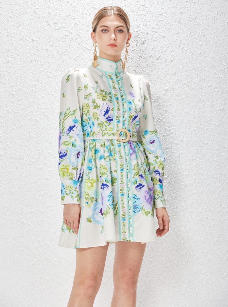 Vintage Ethnic Style Stand Collar Lantern Sleeve Dress - Image 2
