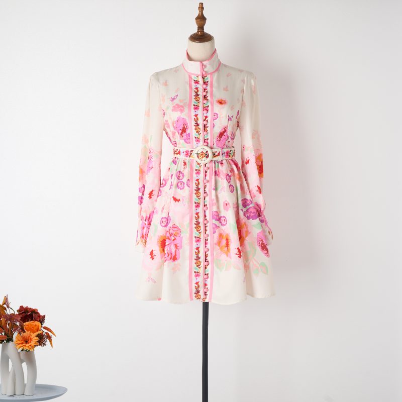 Vintage Ethnic Style Stand Collar Lantern Sleeve Dress - Image 3