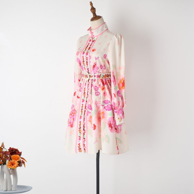 Vintage Ethnic Style Stand Collar Lantern Sleeve Dress - Image 4