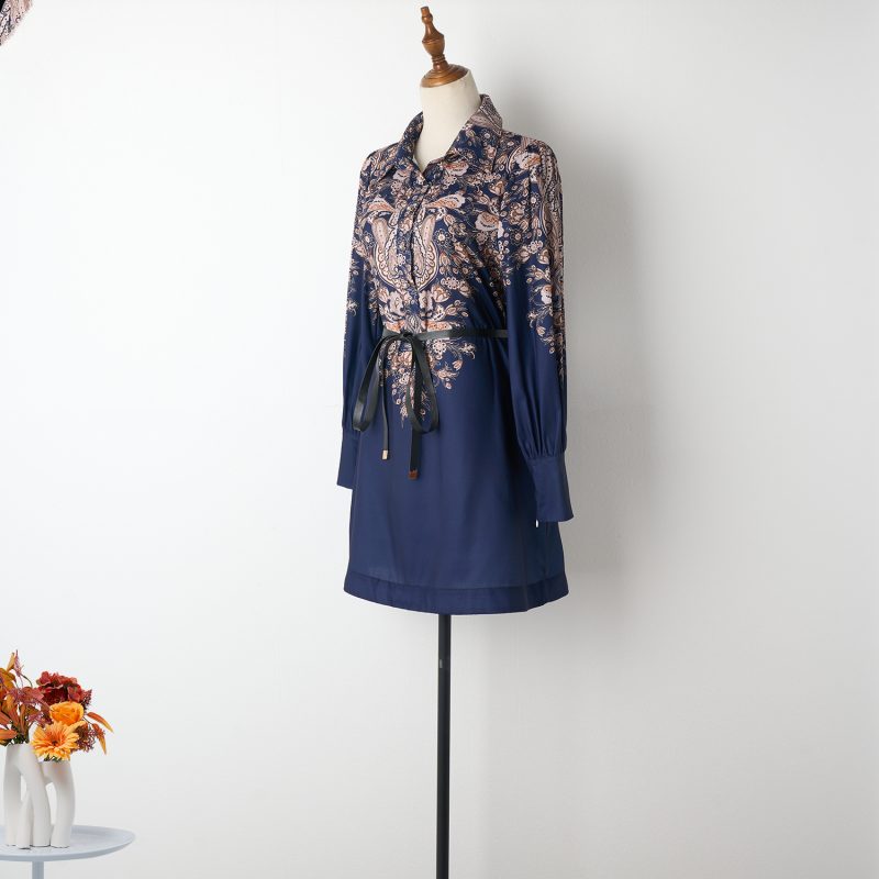Navy Blue Lantern Sleeve Printed Dress with Lapel and Lace-Up Detail - Image 2