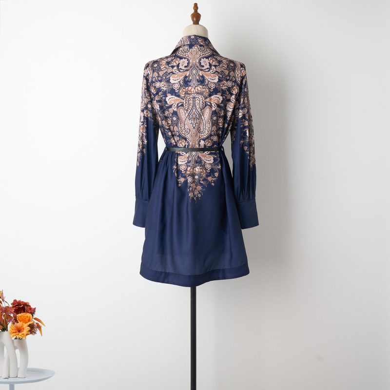 Navy Blue Lantern Sleeve Printed Dress with Lapel and Lace-Up Detail - Image 3