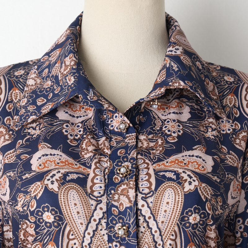Navy Blue Lantern Sleeve Printed Dress with Lapel and Lace-Up Detail - Image 4