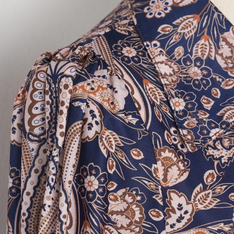 Navy Blue Lantern Sleeve Printed Dress with Lapel and Lace-Up Detail - Image 5