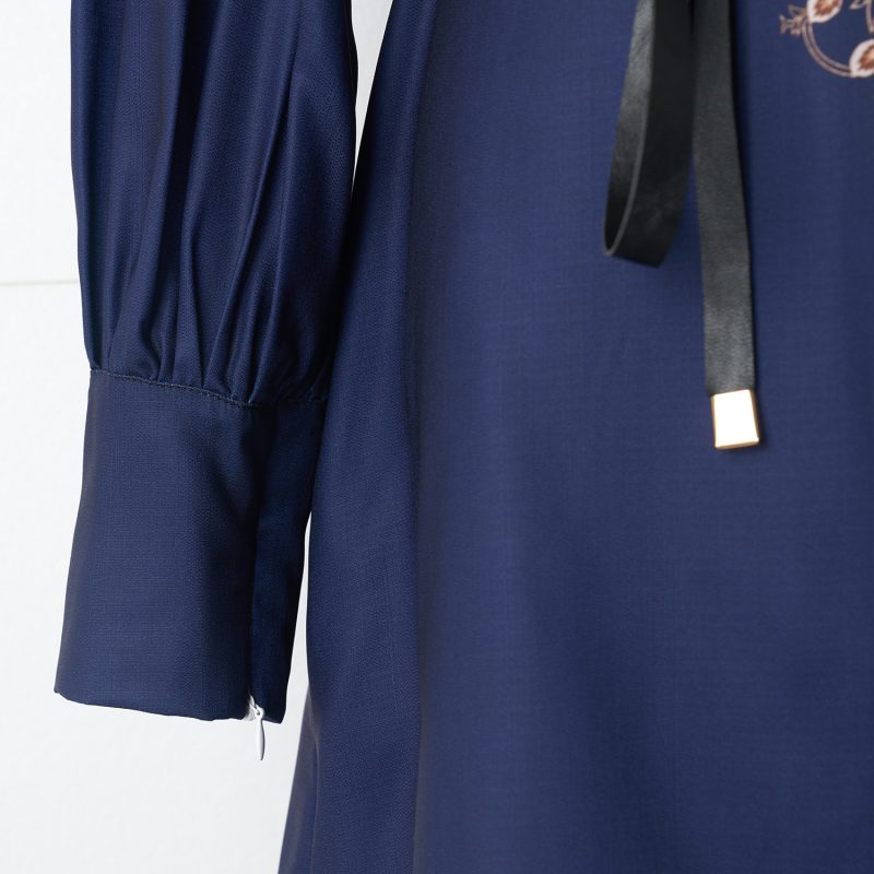 Navy Blue Lantern Sleeve Printed Dress with Lapel and Lace-Up Detail - Image 6