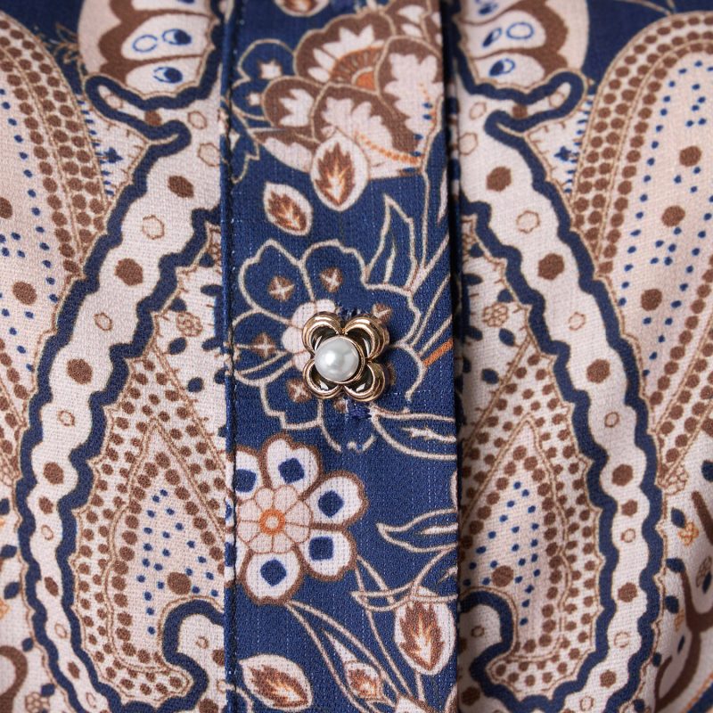 Navy Blue Lantern Sleeve Printed Dress with Lapel and Lace-Up Detail - Image 7