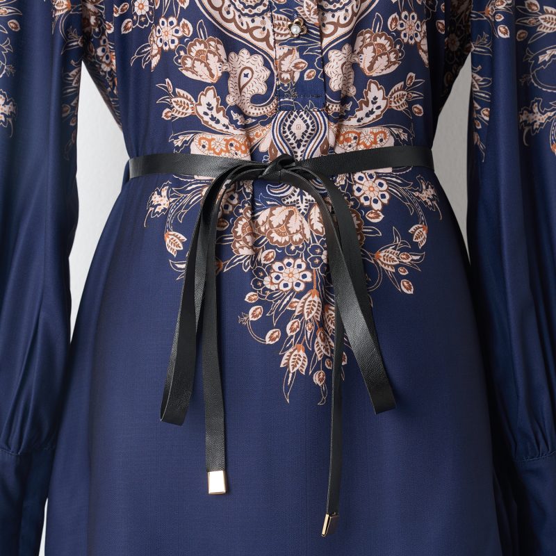 Navy Blue Lantern Sleeve Printed Dress with Lapel and Lace-Up Detail - Image 8