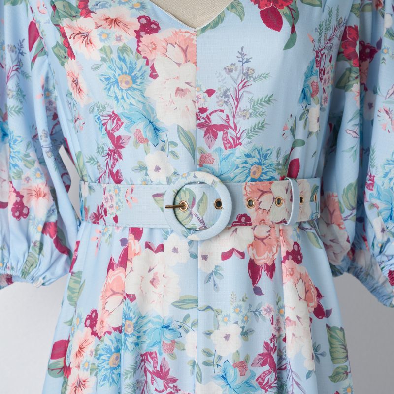 Elegant Holiday Style V-Neck Printed Dress with Puff Sleeves - Image 5