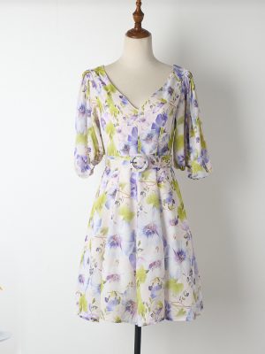 Elegant Vacation A-Line Dress with Fresh Print and Belt for Spring/Summe