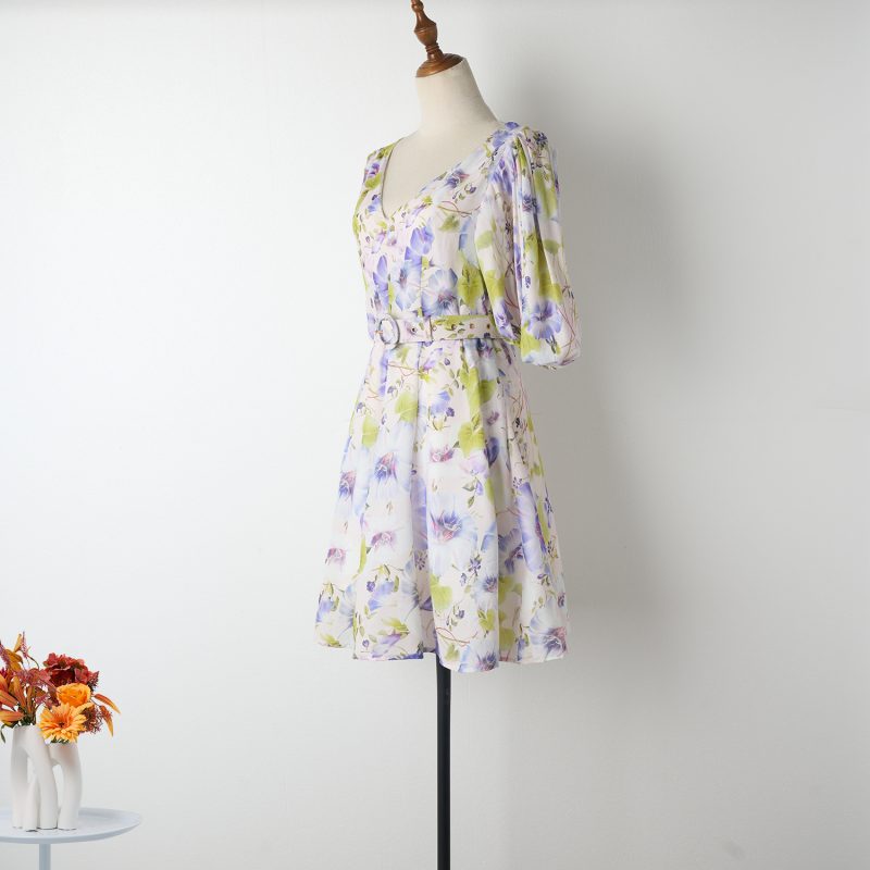 Elegant Vacation A-Line Dress with Fresh Print and Belt for Spring/Summe - Image 2