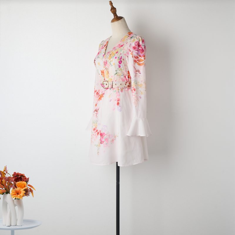 Flare Sleeve Positioning Printed V-Neck Lace-Up Dress - Image 2
