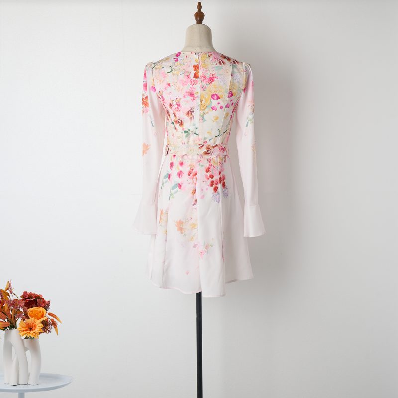 Flare Sleeve Positioning Printed V-Neck Lace-Up Dress - Image 3