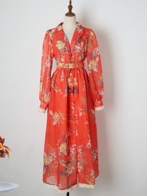 Orange Printed Dress with Lace Stitching, Long Sleeves, and Belt