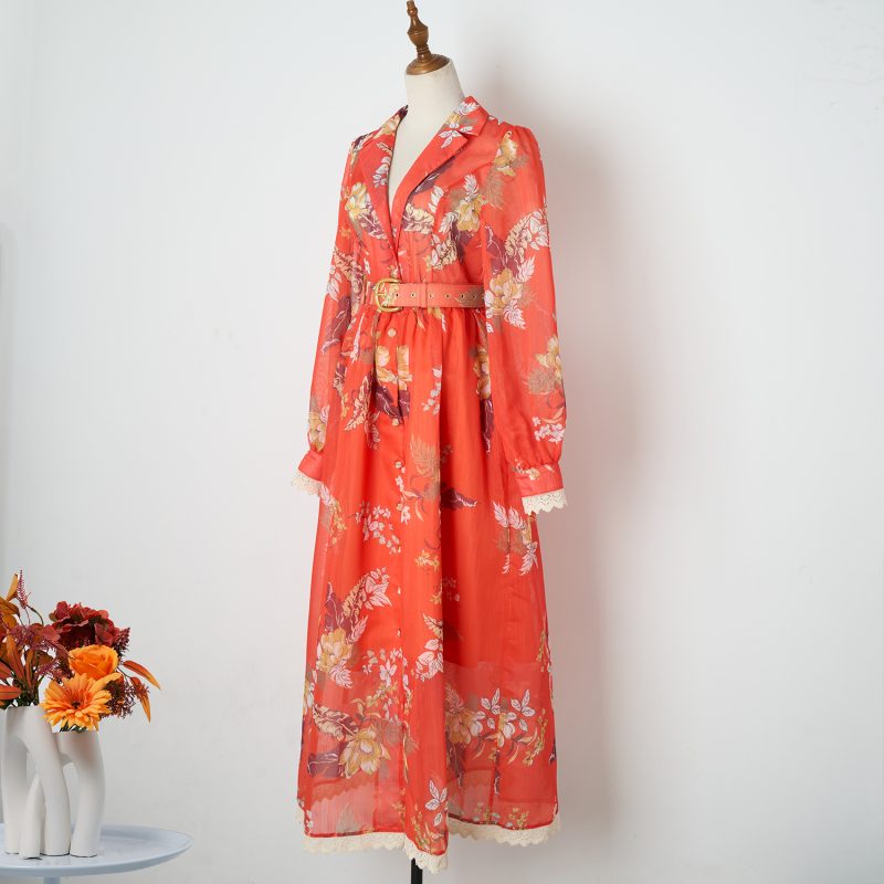 Orange Printed Dress with Lace Stitching, Long Sleeves, and Belt - Image 2