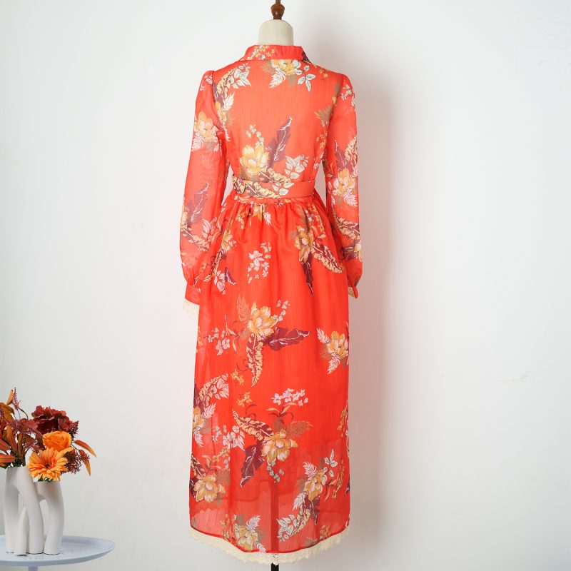 Orange Printed Dress with Lace Stitching, Long Sleeves, and Belt - Image 3
