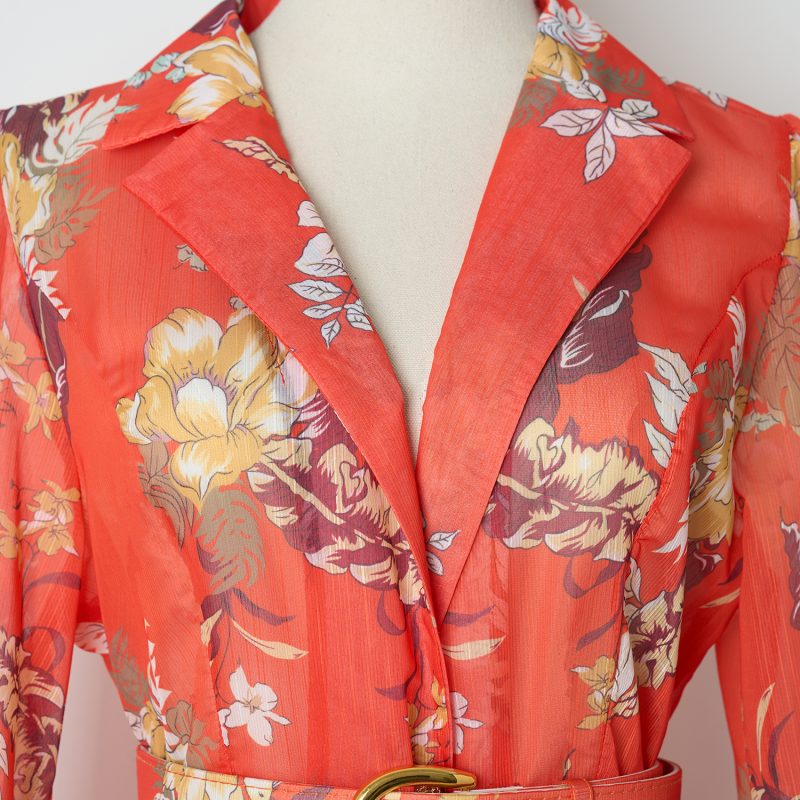 Orange Printed Dress with Lace Stitching, Long Sleeves, and Belt - Image 4