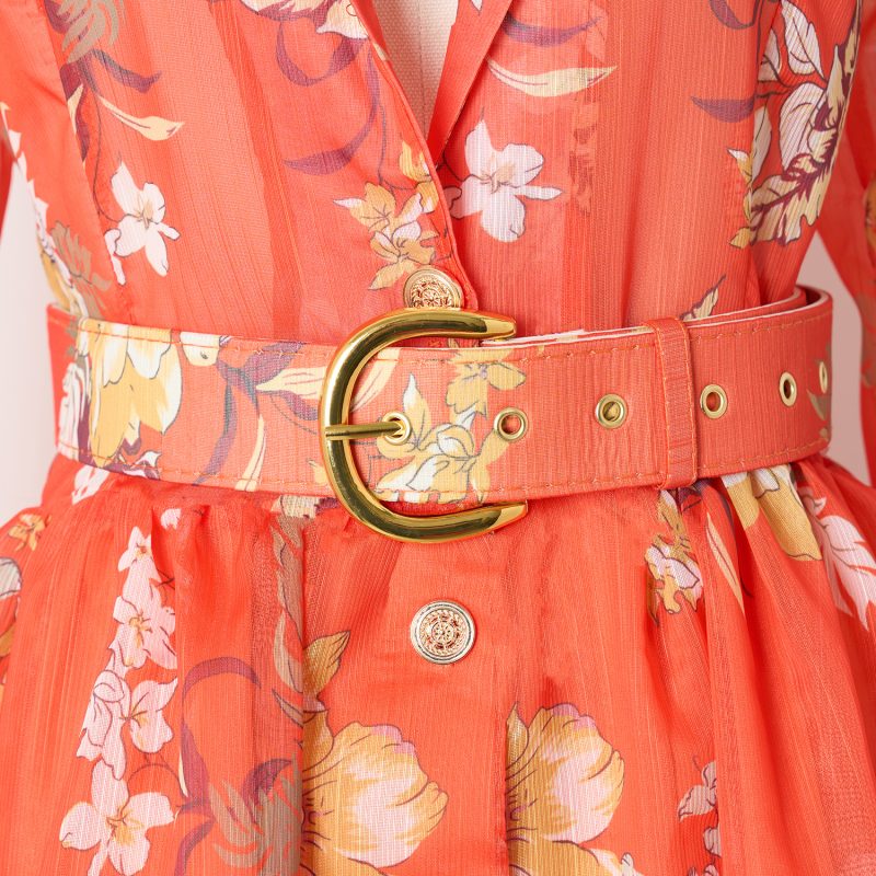 Orange Printed Dress with Lace Stitching, Long Sleeves, and Belt - Image 5