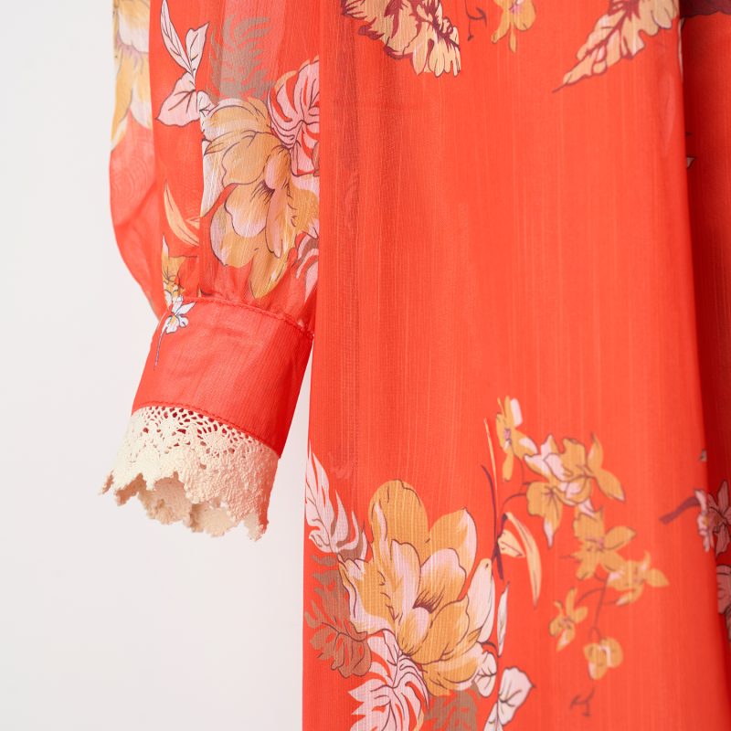 Orange Printed Dress with Lace Stitching, Long Sleeves, and Belt - Image 6