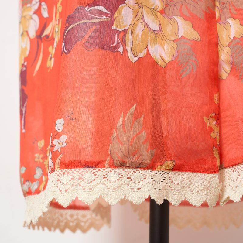 Orange Printed Dress with Lace Stitching, Long Sleeves, and Belt - Image 7