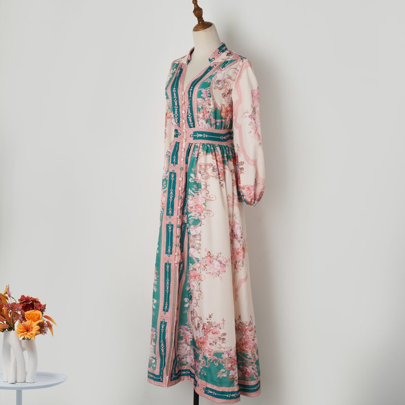 Elegant Vacation Style Retro Long Dress with Positioning Print - Image 2