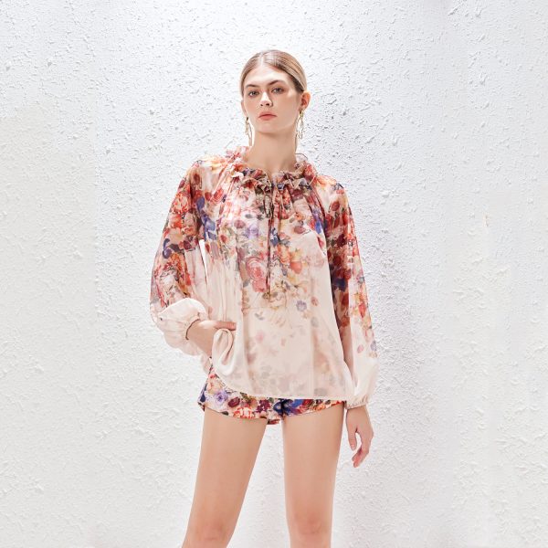 Women's Loose Silk Printed Lace-Up Shirt and Wide-Leg Shorts - Image 2