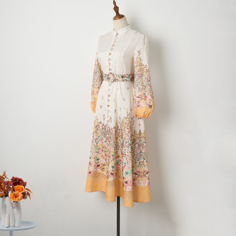 Elegant Flower Print Single-Breasted Mid-Length Dress - Image 2