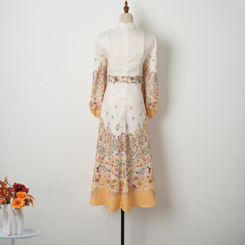 Elegant Flower Print Single-Breasted Mid-Length Dress - Image 3
